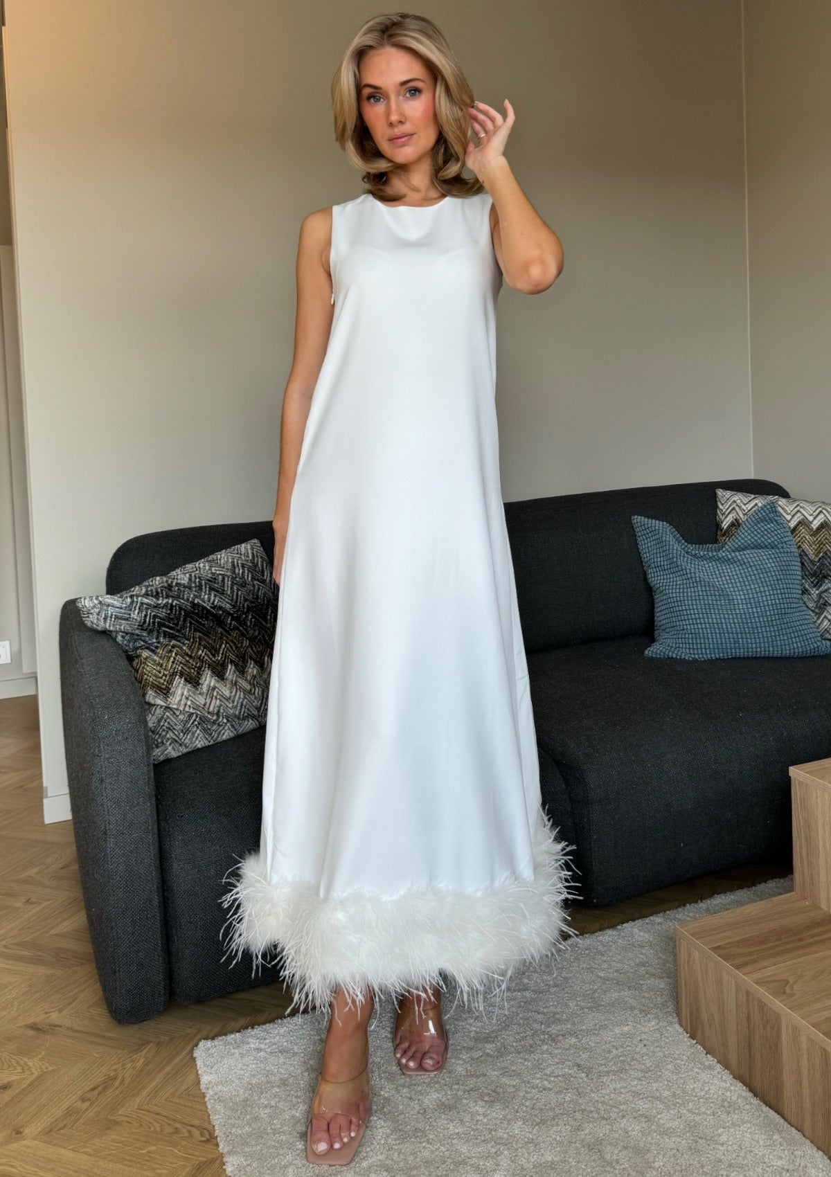 Isabella Maxi Dress White With Feathers