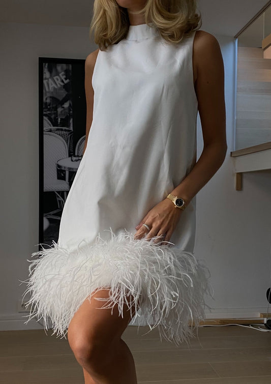 Isabella Dress White With Feathers. PRE ORDER