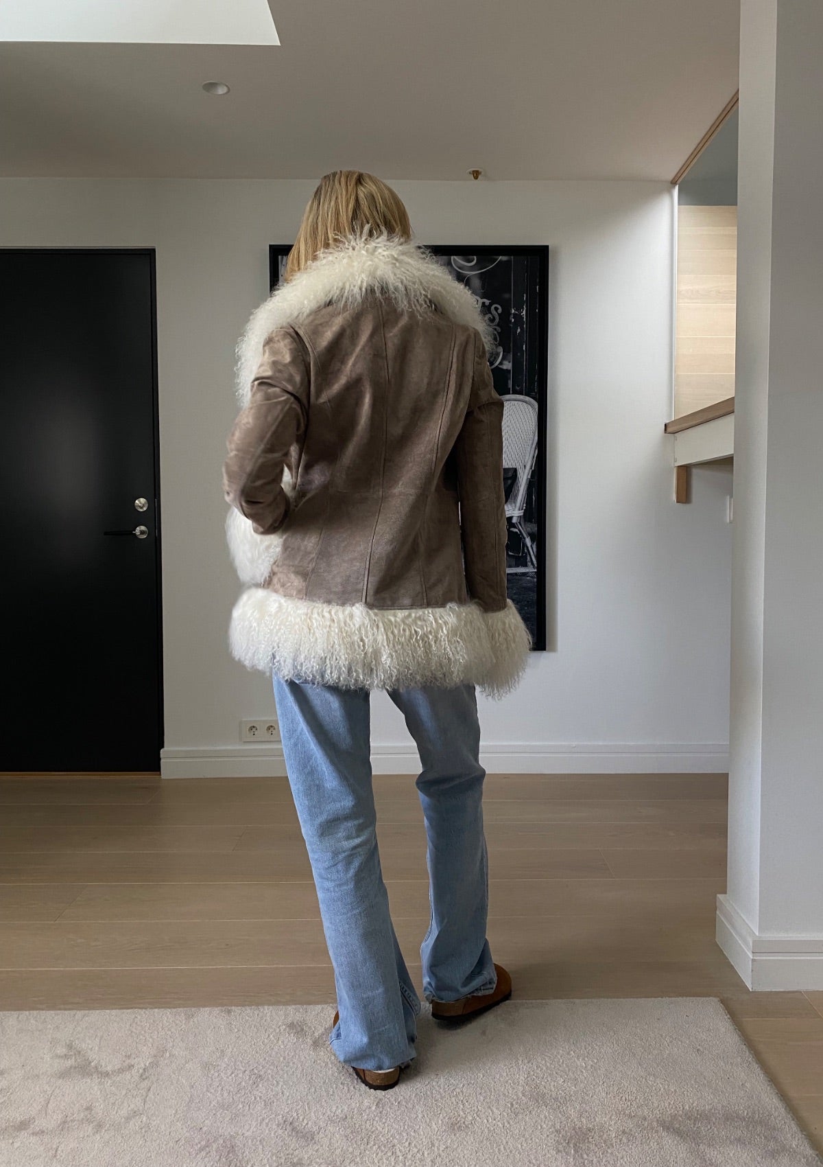 Grey suede faux fur jacket best sale